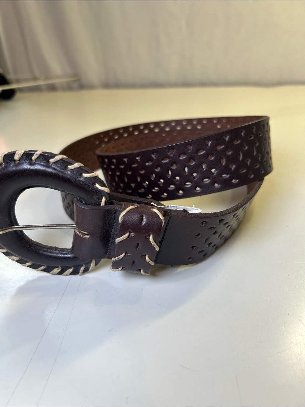 Brown Perforated Leather Belt Wrapped Buckle Whipstitch Detail One Size/L - Picture 5 of 12